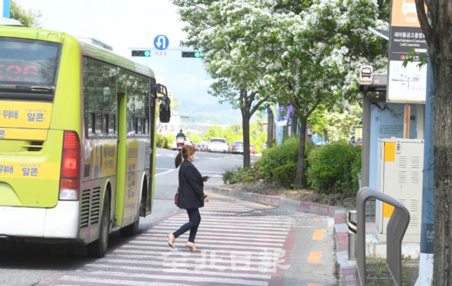 시내버스 버스베이가 짧은 거리와 진.출입의 어려움 등으로 버스 운전사들이 버스베이로의 진입을 꺼리면서 2일 한 시내버스가 도로에 승객을 내려주고 있다. /오세림 기자