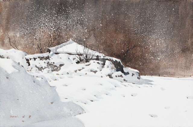 미술가: 소훈 / 명제: 원평에서 만난 겨울 / 재료: 아르쉬지 위에 수채 / 규격: 33.4×45.5cm / 제작년도: 2021
