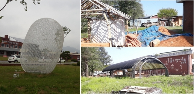 조형물 '꿈꾸는 누에'(왼쪽)와 방치된 체험시설(오른쪽).