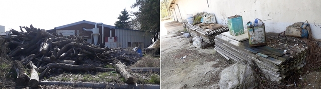 방치된 목재 쓰레기(왼쪽)와 폐슬레이트 더미(오른쪽).