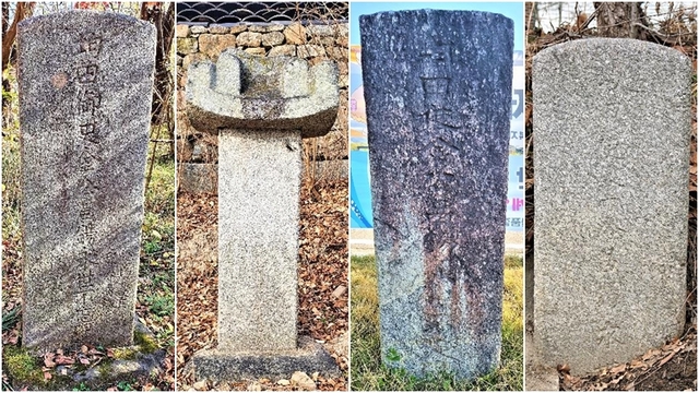 왼쪽부터 완주군 소양면 도로변·김제시 금산면 귀신사 앞·완주군 구이면 행정복지회관 앞·정읍 산외면 야정 마을회관 앞 김창석 영세불망비.