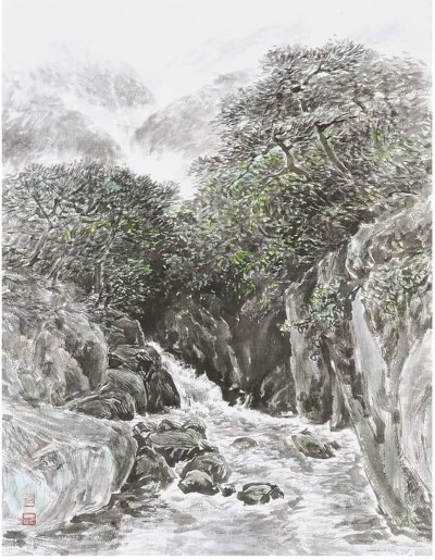 미술가: 김윤식 / 명제: 지리산 계곡 / 재료: 한지에 수묵담채 / 규격: 91.0×65.0cm / 제작년도: 2020