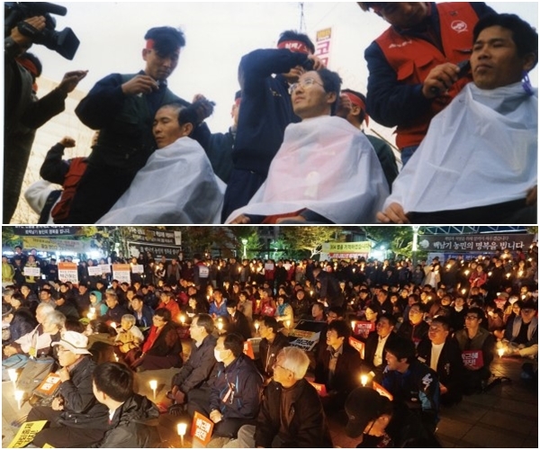 (위) 1996년 12월 27일 전주코아백화점 앞. 노동법 개악 저지 전북노동자대회 중 대표자 삭발식 모습. / (아래) 2016년 10월 28일 전주 풍남문광장. 박근혜 정권 퇴진 시국 촛불. 이날 밝혀진 촛불은 130여 일 동안 지속됐다.