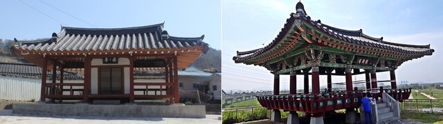 임실군 성수면 봉강리에 있는 비비정(왼쪽) / 1998년에 다시 복원된 완주군 삼례읍 후정리에 있는 비비정.(오른쪽)