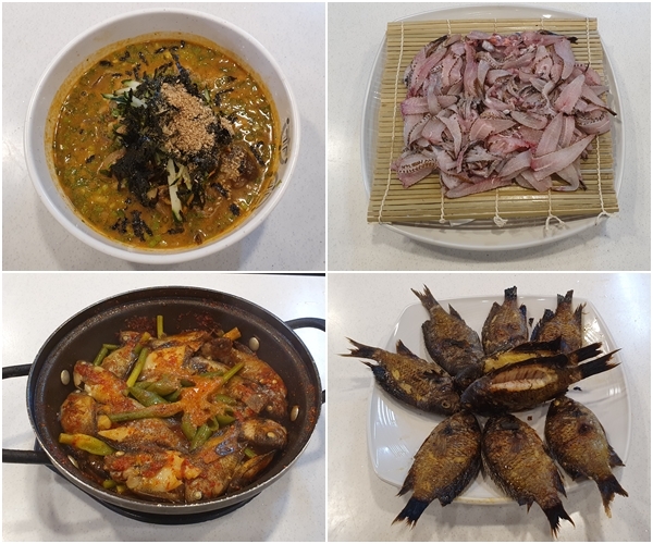 시계방향으로 자리돔을 이용한 대표적인 음식인 자리물회,  자리돔을 뼈째로 썰어 즐기는 자리강회, 자리돔을 통째로 구운 자리구이, 간장 양념으로 만든 자리조림.