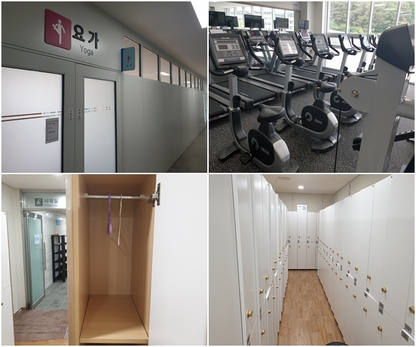 부분 개관한 익산 서부권역 다목적 체육관 실내 모습. 시계방향으로 요가실, 헬스장, 여성 탈의실, 탈의실 사물함.