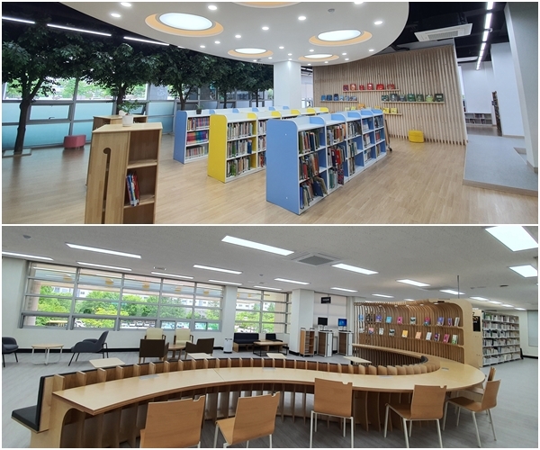 익산 영등시립도서관 어린이 자료실(위)과 종합정보화자료실.