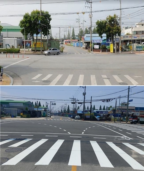 익산시 남부지구 도로확장 전(위)과 확장 후(아래) 모습.