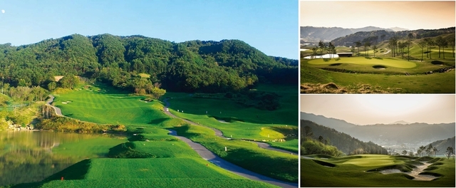 왼쪽부터 시계방향으로 오르막에 8개 벙커가 있는 사과 6번홀, 4번 홀 그린, 17번 홀 그린.