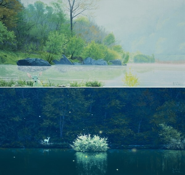 (위) 류재현, River, breath of wind 202103, Oil on canvas, 55.0x116.8cm, 2021 / (아래) 류재현, River, breath of wind 202110, Oil on canvas, 43.0x90.9cm, 2021