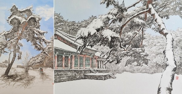 조진기 작가 작품 '어느 노부부의 사랑'(왼쪽)과 '모양성 설경'.