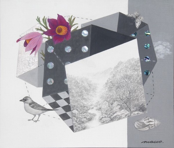 미술가: 조현동 / 명제: 자연-경계(무릉계곡) / 재료: 천 위에 아크릴과슈, 은박, 자개 / 규격: 45.5×53.0.0cm / 제작년도: 2020