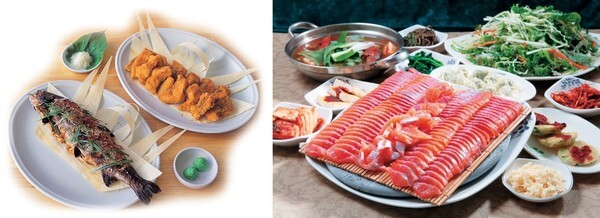 (왼쪽) 송어찜과 송어튀김 / (오른쪽) 송어회와 송어매운탕