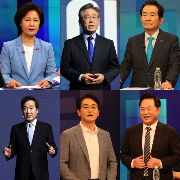 (왼쪽 위부터 시계방향) 추미애 전 법무부 장관과 이재명 경기지사, 정세균 전 국무총리, 김두관 의원, 박용진 의원, 이낙연 전 민주당 대표