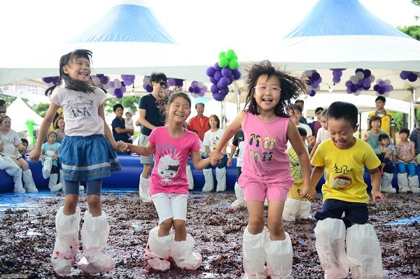 아이들이 2019년 송산포도축제 포도밟기 프로그램에 참여해 즐거운 시간을 보내고 있다. /사진 제공 = 화성시