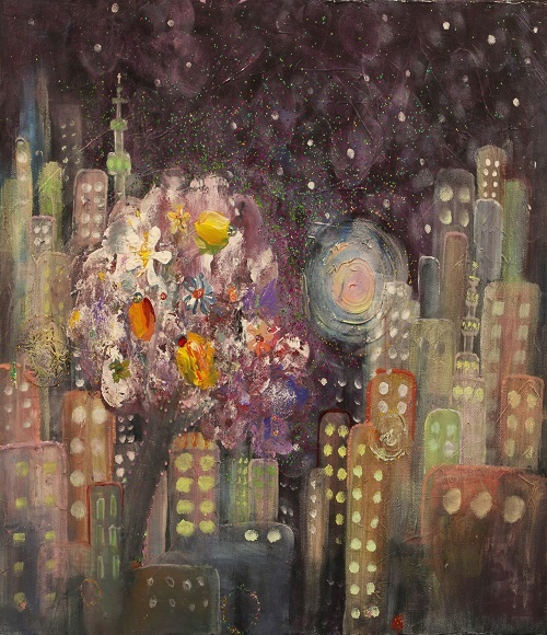 최지우, 햇살이 빛나는 밤에, Mixed media on oil canvas, 90.9x72.7, 2021