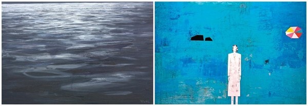 (왼쪽)김성민, 默, Oil on canvas, 81×122cm, 2021 /(오른쪽)임택준, 바다의 노래 a sea song, Acrylic, Mixed media, 91.0×116.8cm
