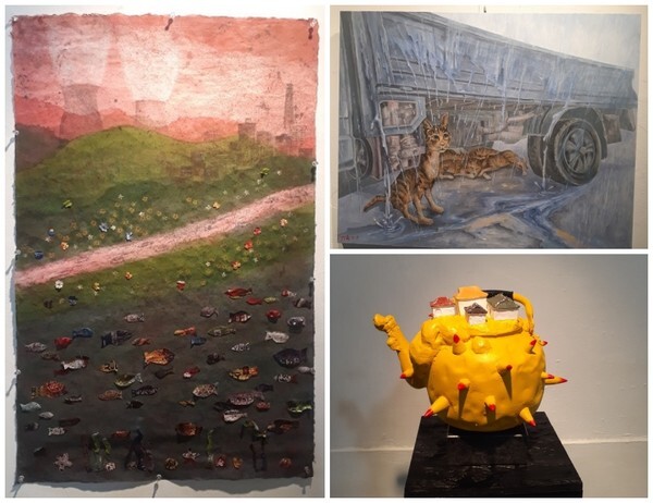 (왼쪽부터 시계방향)우리들이 사는 세상 62x99 한지 2021,김미경 / 이정표 173x91 캔버스 유화 2021 임연기 / 막걸리동네 50x50x50 양은+폴리 2021 김용련