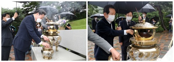 김대중 전 대통령의 묘역을 참배한 이낙연 전 대표(좌)와 정세균 전 총리(우) /사진 = 연합뉴스