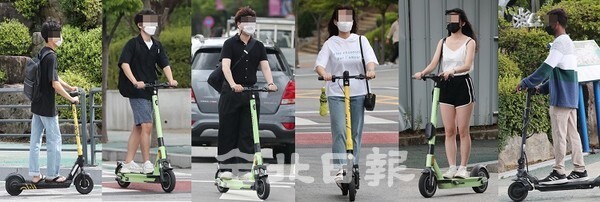 개인형 이동장치(PM)에 대한 안전 규정 강화를 담은 도로교통법 시행이 100일이 다 돼가지만 19일 전북대학교 교정을 비롯한 시내 곳곳에서 시민들이 안전장비를 착용하지 않고 전동킥보드를 타고 있다. /사진 = 조현욱 기자