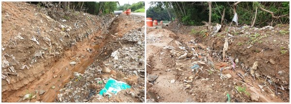 30일 오전에 찾은 익산토성 입구 탐방로 조성공사 구간에 폐슬레이트, 폐비닐, 각종 폐플라스틱 등 육안으로 확인 가능한 폐기물들이 켜켜이 쌓여 있었다.