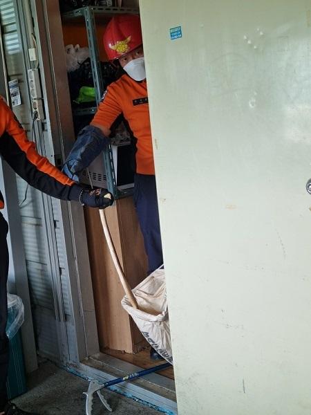 군산소방서 119 구조대가 야생 뱀을 포획하는 모습