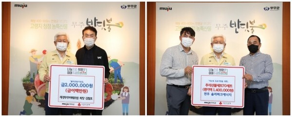 (왼쪽)재경무주 미래포럼 김철호 회장 성금기탁식 / (오른쪽)전주 솔라파크에너지 성금기탁식