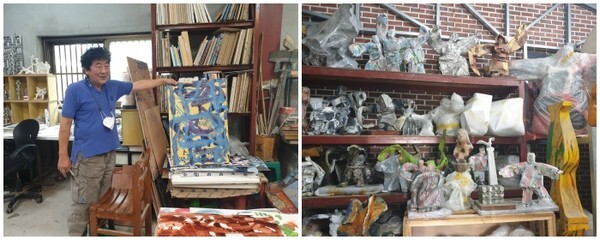 (왼쪽)유휴열 화백인 지난 9일 작업실에서 최근 작업하고 있는 작품을 들어서 선보이고 있다. / (오른쪽)유휴열 화백의 작업실 모습