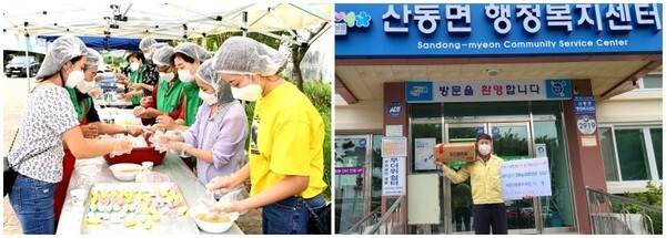 (왼쪽)남원시 새마을단체, 추석맞이 밑반찬 나눔과 송편 빚기 행사를 개최했다. / (오른쪽)재경산동면향우회장이 돼지고기 200kg를 기탁했다.