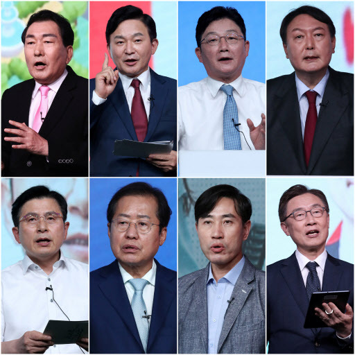 지난 15일 국민의힘 1차 예비경선(컷오프)를 통과한 안상수, 원희룡, 유승민, 윤석열, 최재형, 하태경, 홍준표, 황교안 후보(왼쪽 상단부터 시계방향, 가나다 순)