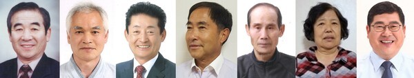 (왼쪽부터) 대장 송상모(76), 문화장 이승철(57), 공익장 박명석(65), 산업근로장 손종엽(59), 애향장 안복헌(80), 효행장 신정이(71), 체육장 박주홍(56) 씨