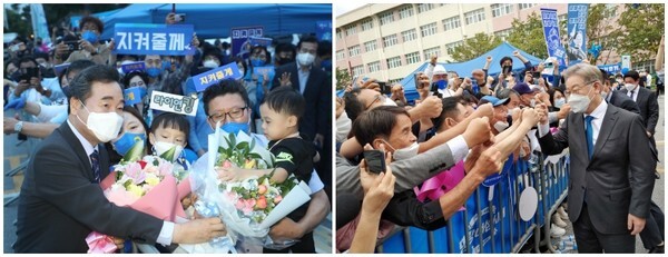 (왼쪽)더불어민주당 대통령 후보 전북 합동 연설회가 26일 우석대체육관에서 열려 이낙연 후보와 이재명 후보가 지지자들의 지지를 받고 있다. /사진 = 전북사진기자단 / (오른쪽)더불어민주당 대선주자인 이재명 경기지사가 26일 전북 완주군 우석대학교 체육관에서 열린 더불어민주당 대선 후보 선출을 위한 전북 합동연설회를 찾은 지지자들과 주먹 인사하고 있다. /사진 = 연합뉴스