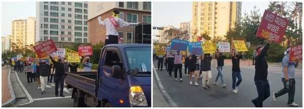 익산시 모현동 부영2차아파트 입주민들이 4일 오후 아파트 단지 내에서 집회를 열고 분양가 인하와 건설원가 공개를 강력 촉구했다. /사진 제공 = 분양추진위원회