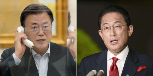  문재인 대통령이 15일 오후 청와대 관저 회의실에서 기시다 후미오 일본 총리와 통화를 하고 있다(왼쪽 사진). 오른쪽 사진은 기시다 후미오 일본 총리가 문 대통령과 첫 전화 통화를 마친 뒤 관저 로비에서 취재진에게 통화 내용을 설명하는 모습. /연합뉴스