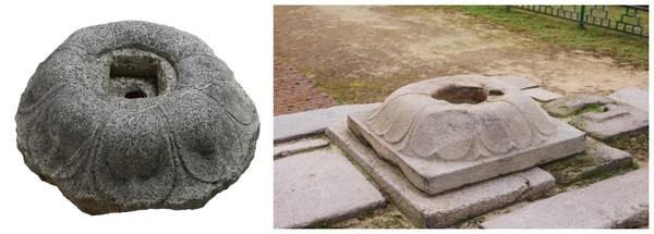 (왼쪽)부여 가탑리 석등 하대석, (오른쪽)미륵사지 중원 하대석.