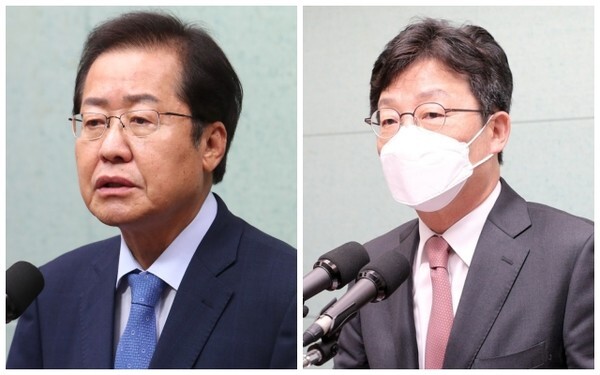 지난 8월 전북을 찾은 홍준표 국민의힘 대선후보(왼쪽)와 지난 10일 전북을 찾은 유승민 대선후보가 각각 도의회에서 기자회견을 하고 있는 모습. /사진 = 전북일보DB