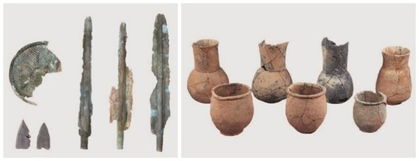익산 오룡리 토광묘 출토유물(좌)와 익산 오룡리 토광묘 출토 토기류(우).