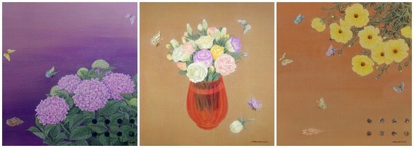 (왼쪽)자연-순환-이야기, 60x60cm, 천에 아크릴과슈 자개, 2021 / (가운데)공감-채집, 50x50cm, 천에 아크릴과슈, 2021 / (오른쪽)자연-순환-이야기, 60x60cm, 천에 아크릴과슈. 자개, 2021.