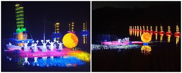 6일 익산 금마저수지 특설 무대에서 펼쳐진 수상실경 공연 모습.