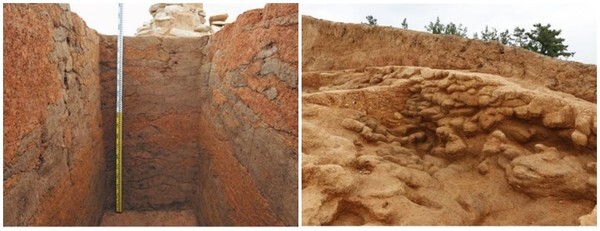 영암 방대리 분구묘 토낭 축조상태(왼쪽), 영암 방대리 분구묘 토낭 축조상태(오른쪽).