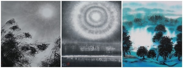 (왼쪽) 화풍난양(和風暖陽), 110×110cm, 한지에 수묵, 2020. / (가운데) 달빛물들어, 45×45cm, 장지에 수묵, 2020. / (오른쪽) 정원, 110×110cm, 한지에 수묵, 아크릴, 2020.
