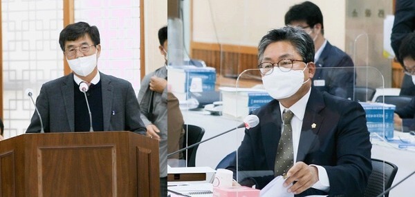 18일 열린 김제시의회 행정사무감사에서 강행원 부시장(왼쪽)이 김주택 의원(오른쪽)의 질문을 받고 있다.