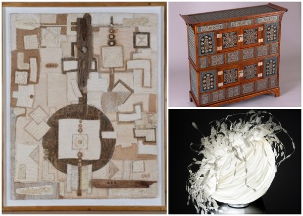 (왼쪽) 대한민국 한지대전 대상작품(2021년) ‘빨래판의 미학’ : 빨래판에 한지를 겹겹이 두껍게 붙여 부조로 떠낸 뒤 바늘로 한땀 한땀 바느질해 제작했다. 손바느질은 성실과 집중을 상징한다. 어머니의 기도 같은 정성, 땀 흘린 만큼만 기대하는 농부의 정직한 마음과 닮았다. / (오른쪽 위)한지대전 대상작품(2017년) ‘자수향’ : 자수 문양을 살리기 위해 밑그림을 먼저 그려 붙인 뒤 전통자수에서 많이 사용하는 색을 표현했다. / (오른쪽 아래)대한민국 한지대전 대상작품(2018년) ‘한지 翰紙’ : 한지의 하얀 결이 훨훨 날아가는 형상을 상상한 모습을 표현해 예술성과 창의성을 인정받았다.