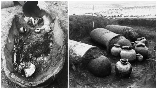 나주 신촌리 9호 을관 내부(왼쪽)과 나주 신촌리 9호분 옹관 노출상태(오른쪽).
