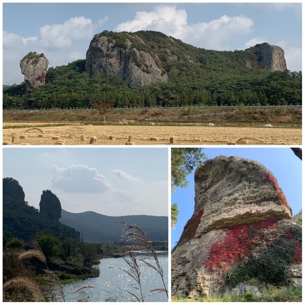 명승 고창 병바위 일대와 병바위 모습.