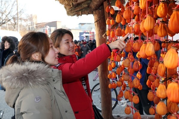 지난해 곶감축제장 방문객들이 감타래에서 익어가는 곶감을 바라보고 있다. /사진 = 영동군 제공