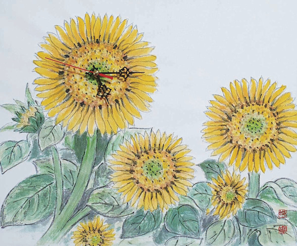 부귀영화(해바라기 시계), 2021, 44x34, 광목에 수묵채색.