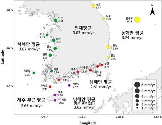 최근 30년간(1991∼2020년) 해수면 상승률(21개 조위관측소). 국립해양조사원 제공