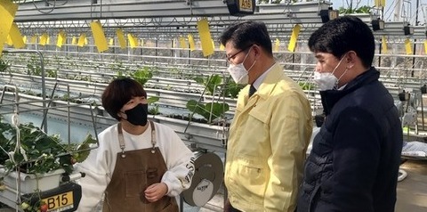 3일 정재호 전북농협 본부장이 완주군 스마트팜 농장을 방문하고 있다./사진=전북농협 제공