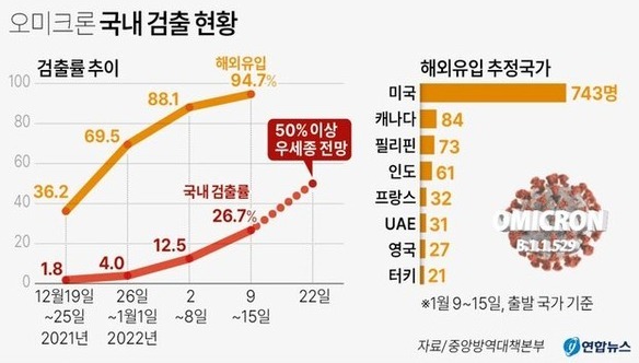 국내 오미크론 검출률 현황/그래픽=연합뉴스